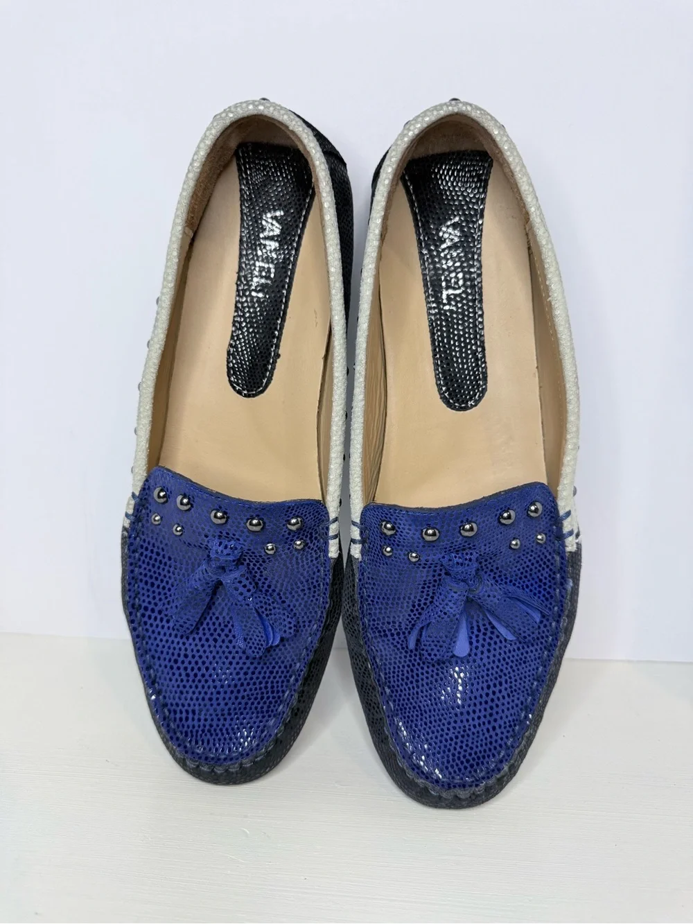 Vaneli Blue and Black Tassel Loafers with Stud Accents Tassles Size 9.5M